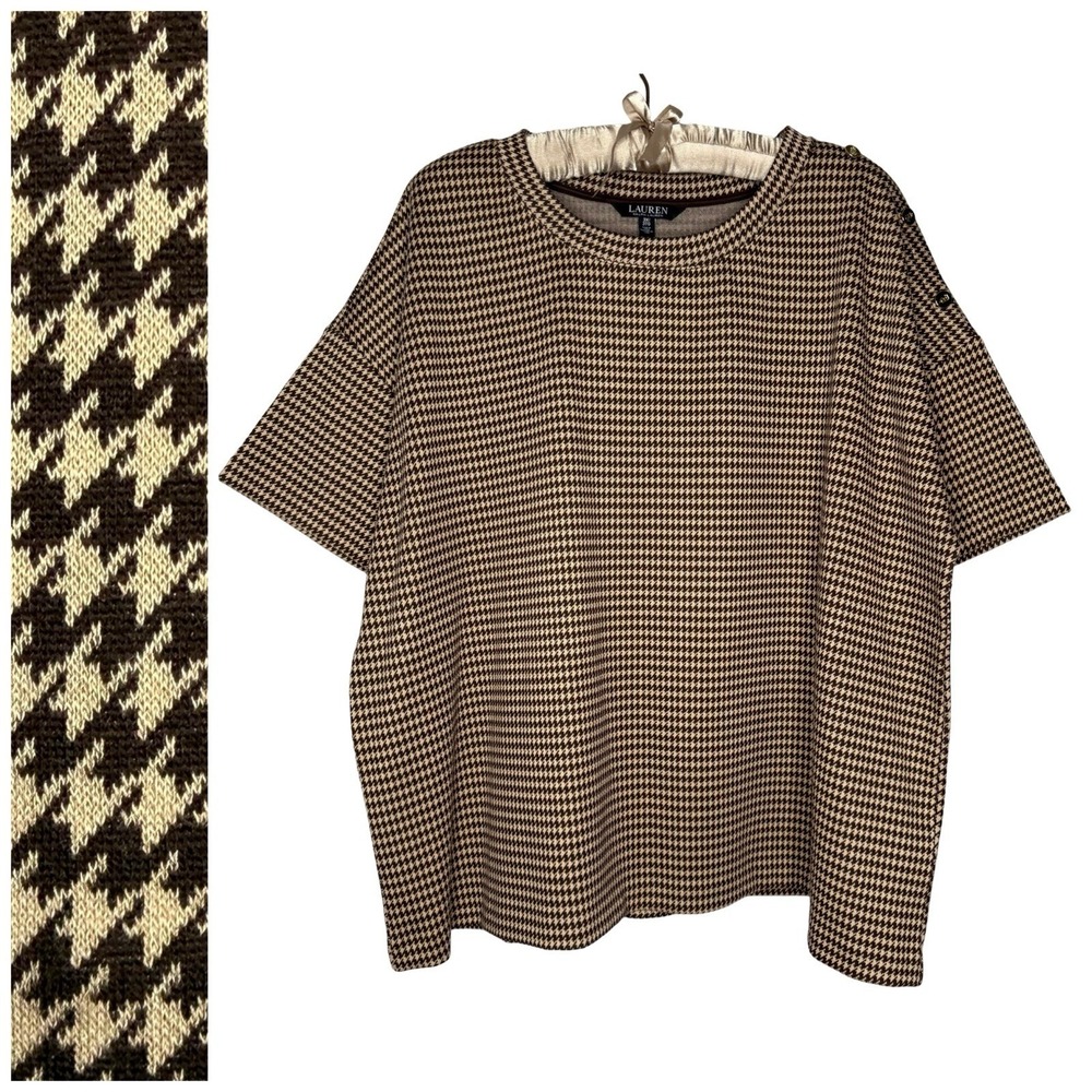 LRL Ralph Lauren 3X Brown Houndstooth Gold Button Shoulder Stretch Knit Top